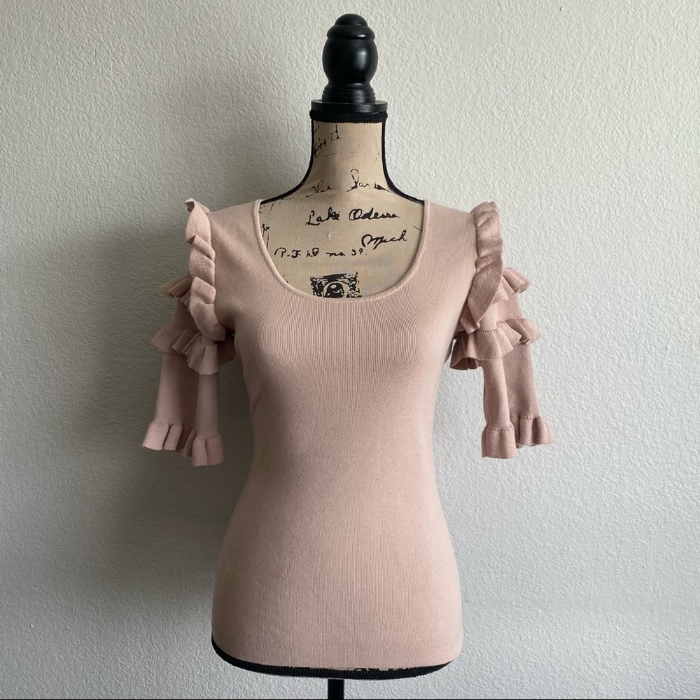 BCBGMaxAzria Ruffle Sleeve Bare Pink Sweater Small